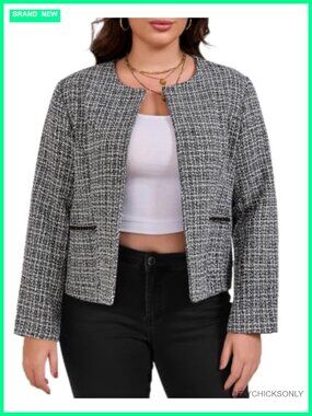 Plus Size Collarless Open Front Tweed Blazer Suit Jacket Work Business Casual